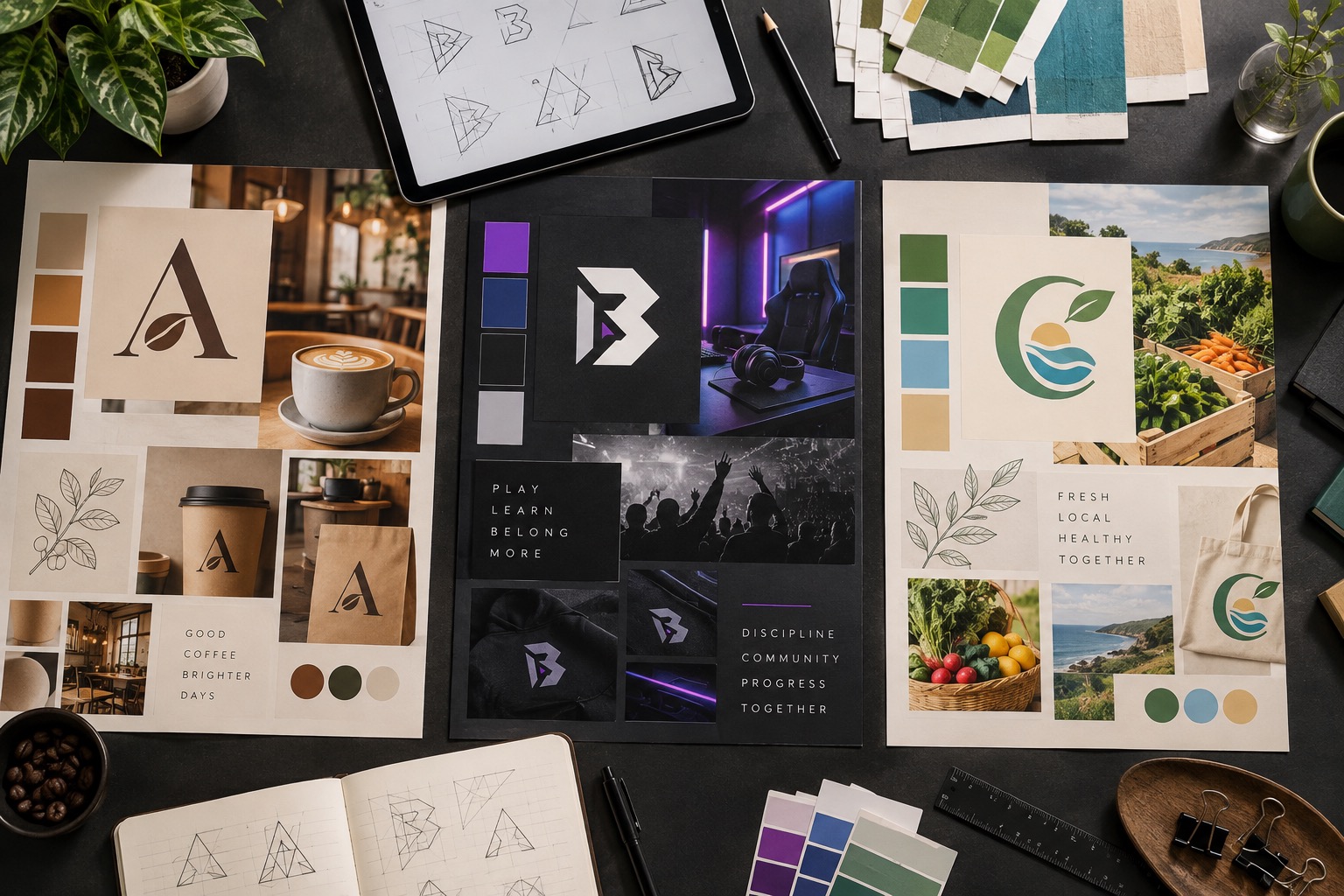 Three fictional brand directions arranged as a polished design studio presentation