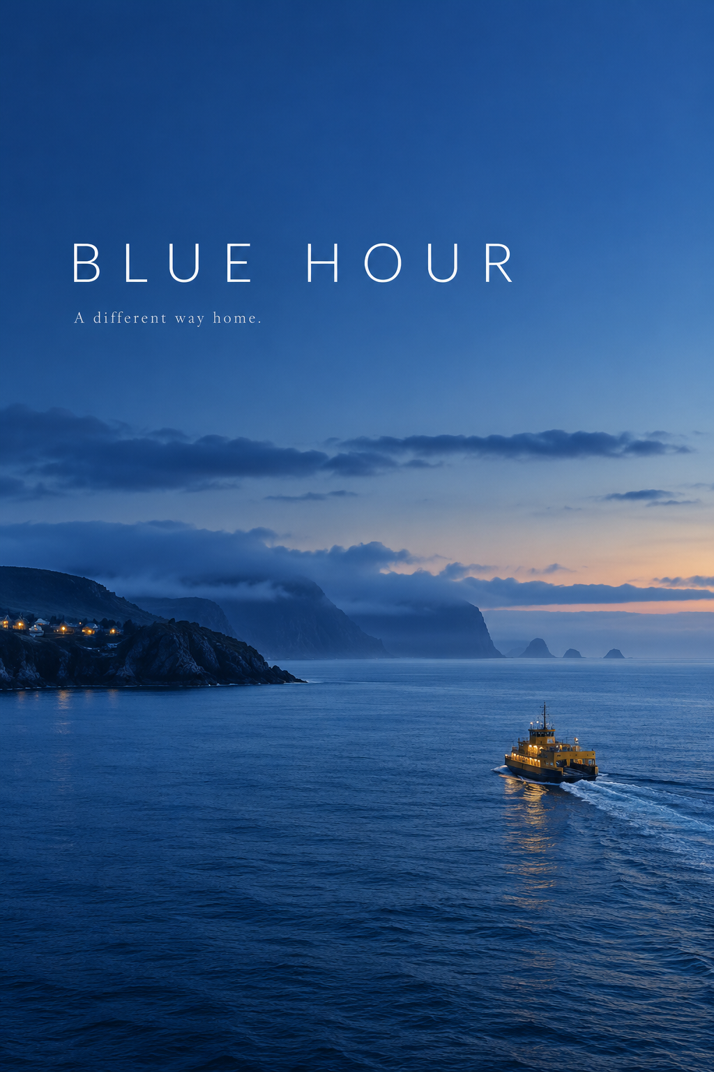 A small warm yellow ferry low right on a wide blue sea beneath large quiet sky and widely spaced white title.