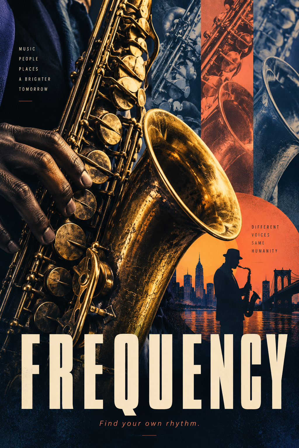 A diagonal golden saxophone with repeated indigo and coral photographic panels and large condensed cream title.