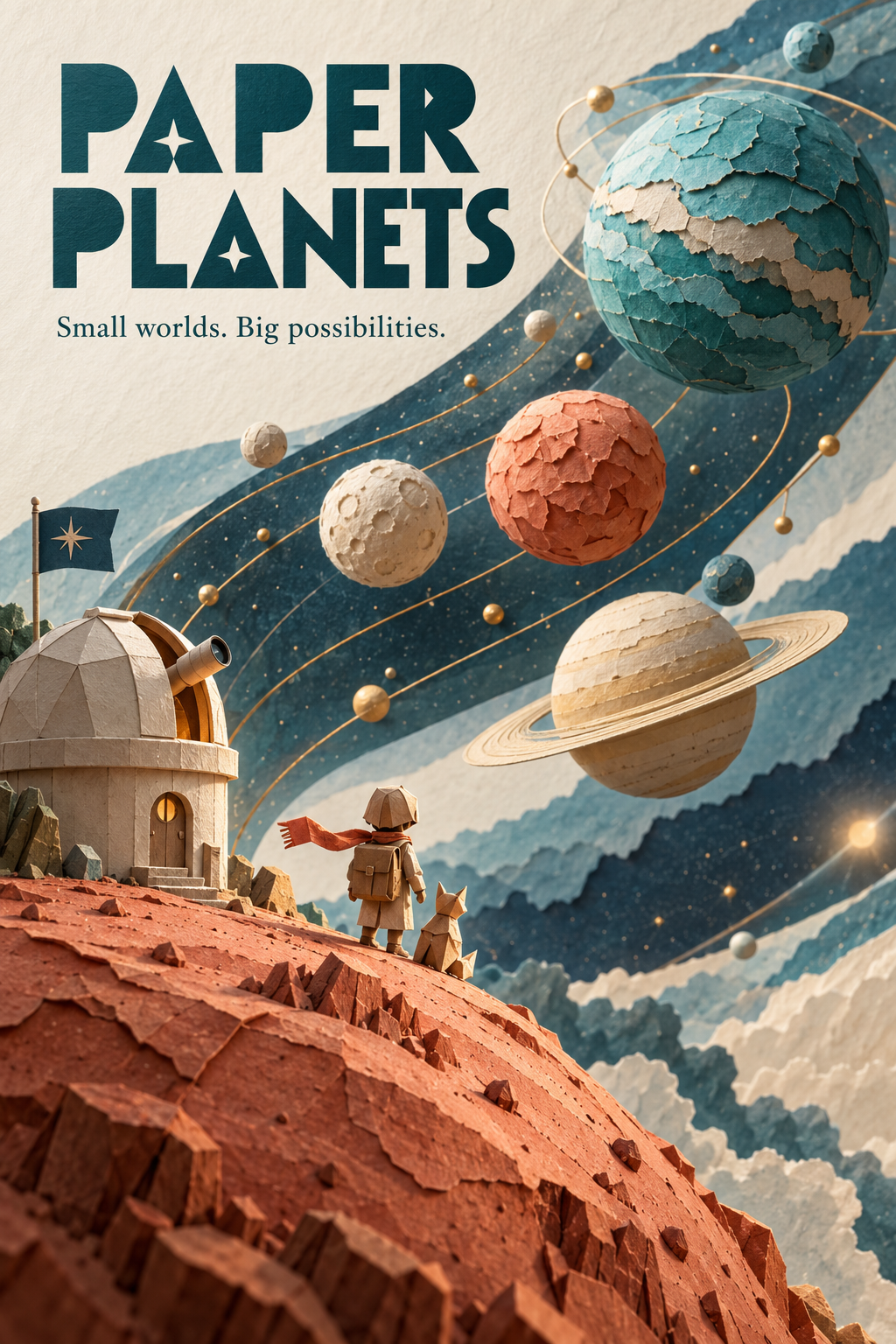 A tactile paper explorer and observatory low left, with detailed planets sweeping upward right and dark teal title above.
