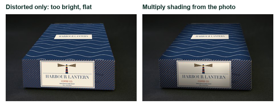 Left: distorted only, flat and too bright. Right: the photo’s own light multiplied onto the label.