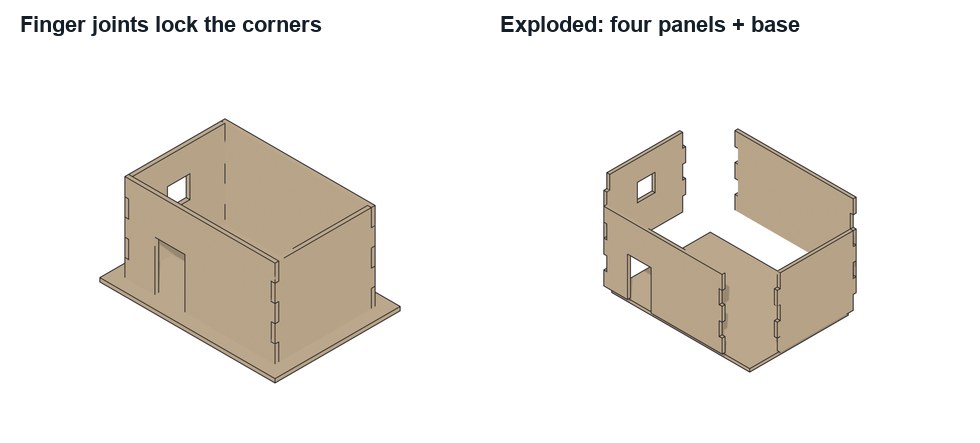 Real Blender model: the fingers on the front fill the gaps on the side panel, and the building separates into flat parts.