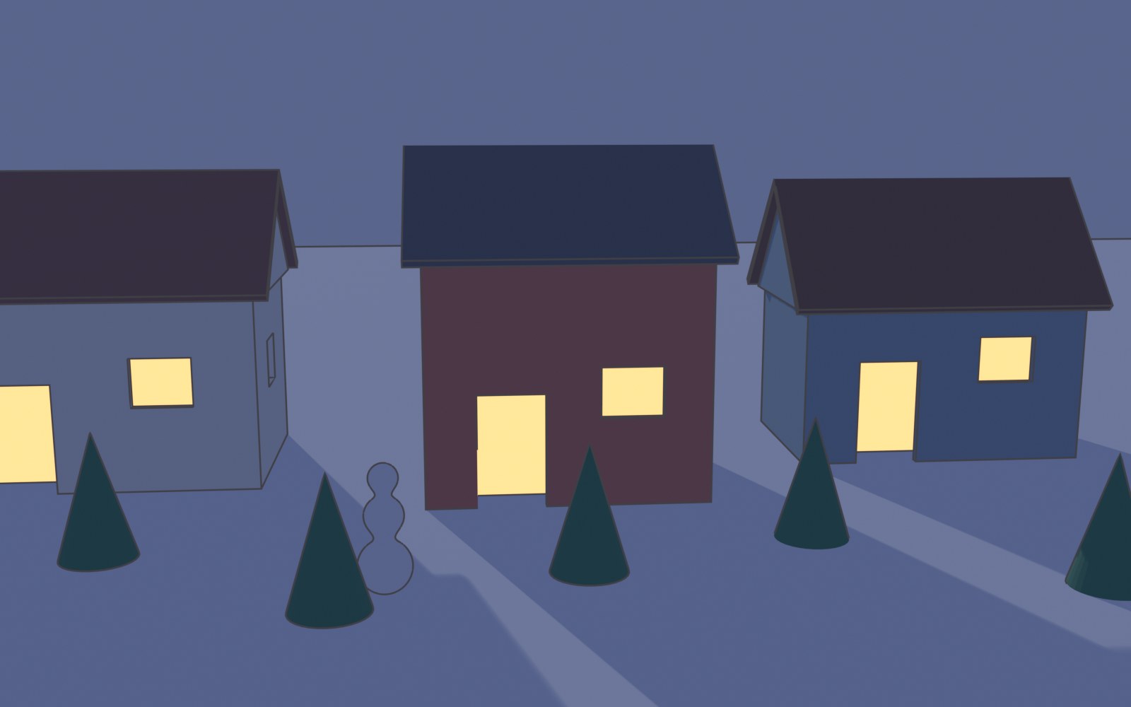 Three small model buildings with glowing windows and a snowman on a snowy street at dusk, rendered in Blender