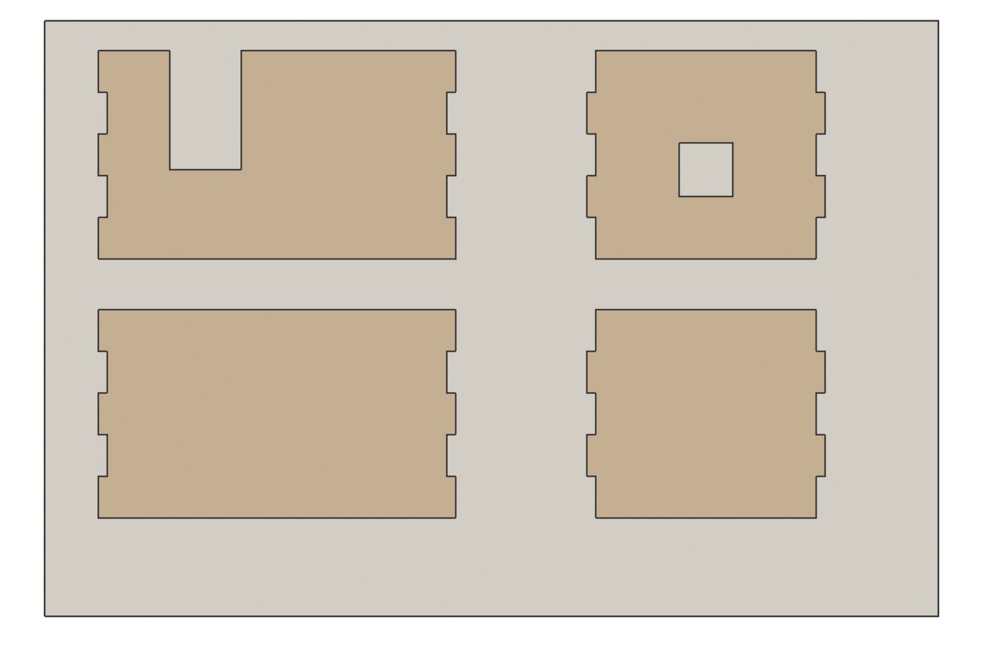 The demo’s four panels laid flat on one sheet, each outline including its fingers and openings. This is exactly what the laser follows.