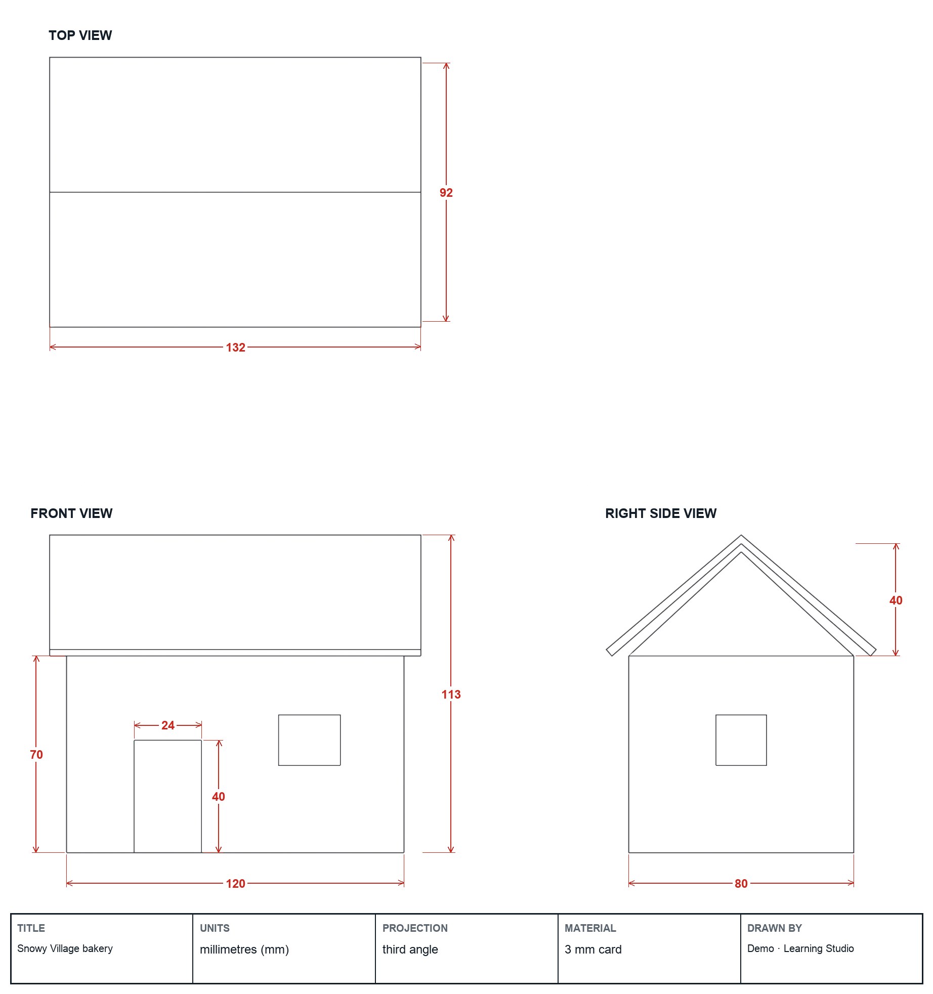A third-angle drawing set made from real Blender views: top over front, right side beside it, dimensions in mm, a title block.