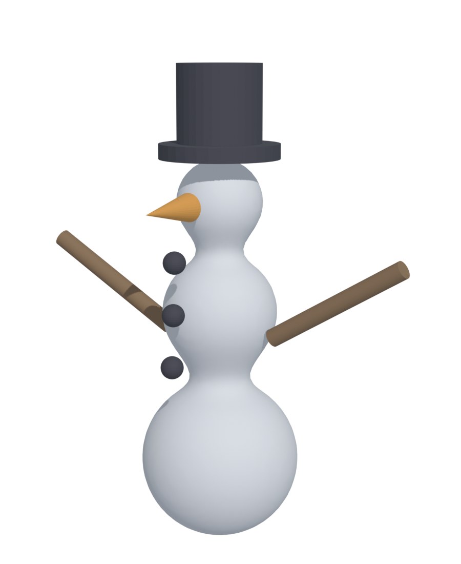 The demo snowman, sculpted as soft forms and remeshed into one solid, with printed hat, nose and arms added as simple parts.