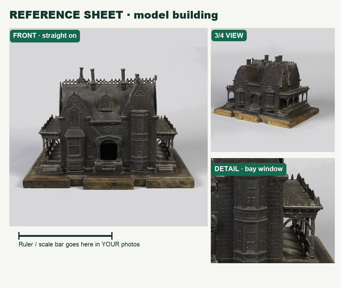 Reference sheet of a model building: front, 3/4 view and detail