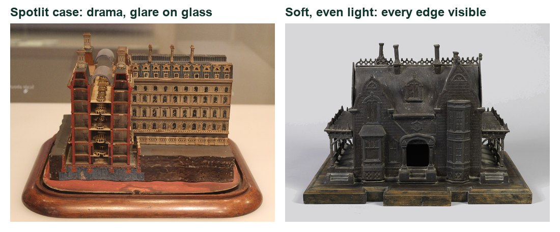 Real models: spotlit display case vs soft, even light.