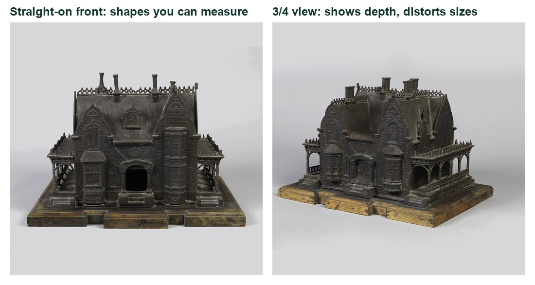 The same real model: straight-on front vs a 3/4 view.