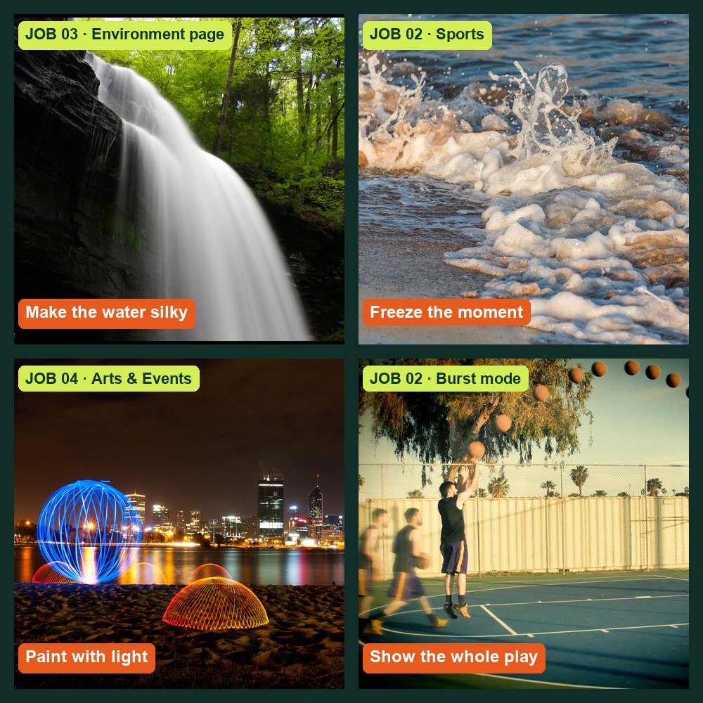 Job board: silky waterfall, frozen splash, light painting and a burst-mode jump shot