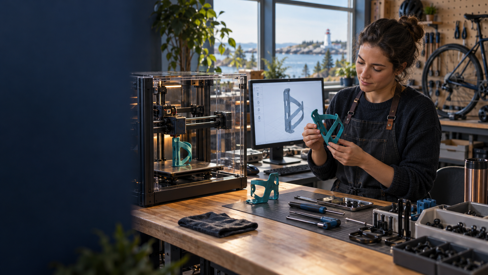 AI conceptual technician inspecting a layer-printed bottle holder next to CAD equipment; not a verified manufacturing procedure.