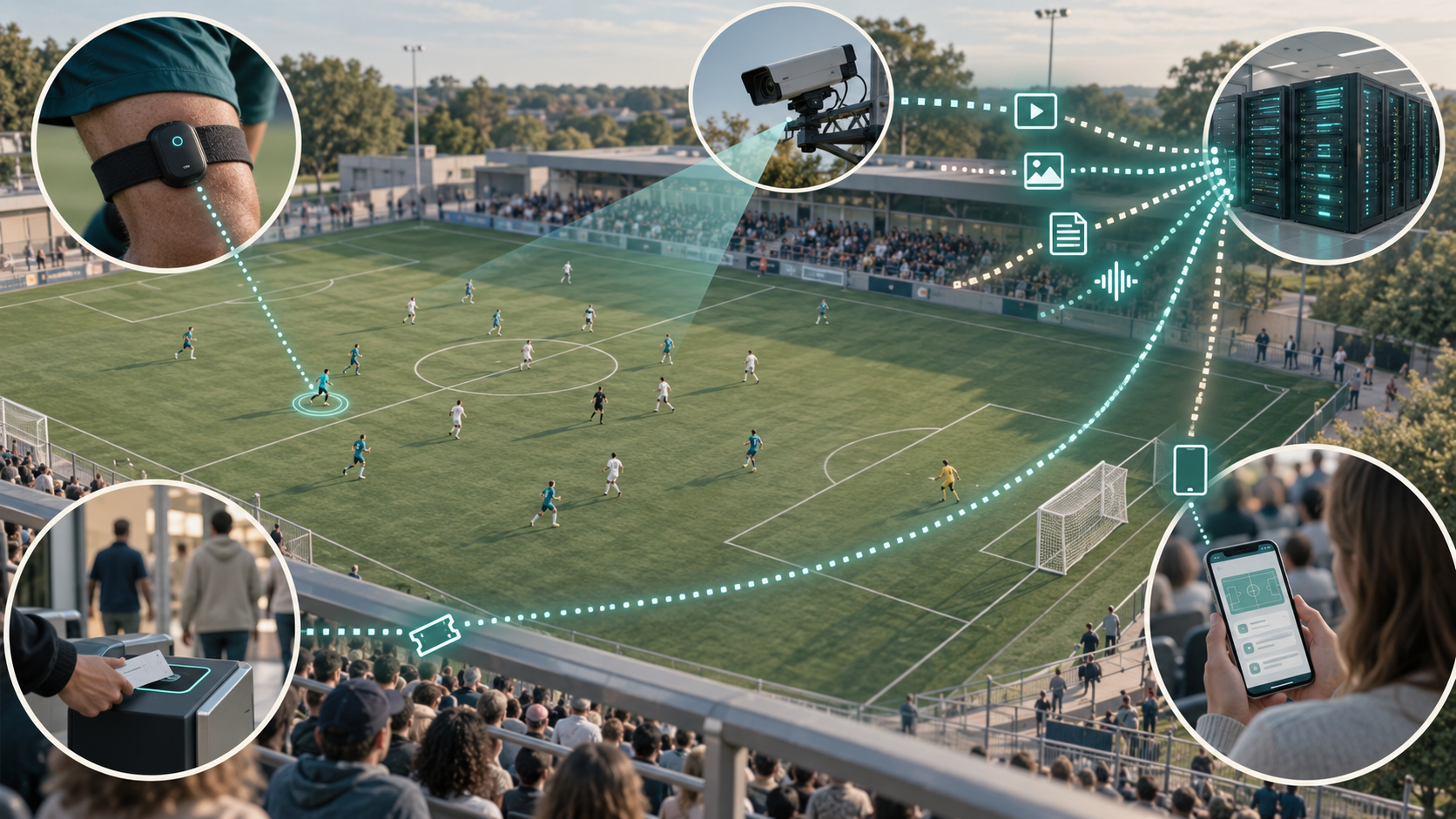 Conceptual AI sports scene: sensor, camera, ticket scan and phone contribute different data to storage. No real venue or measured outcomes.