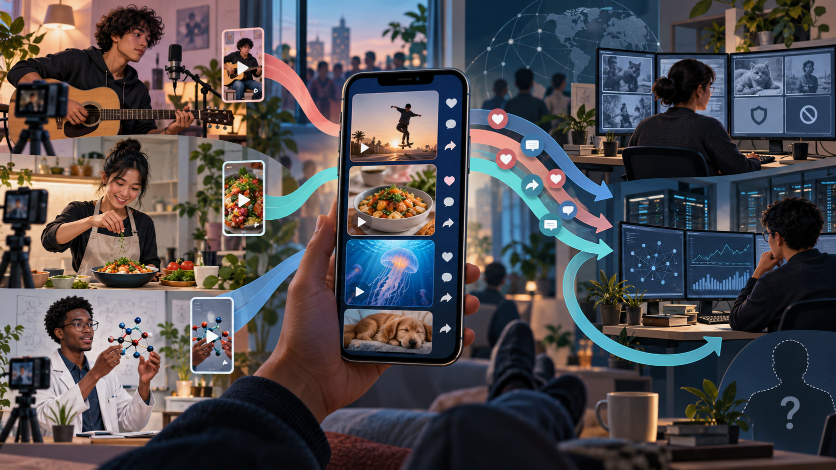 Original AI conceptual scene linking creators, a viewer and platform decisions. Not an actual platform or outcome study.