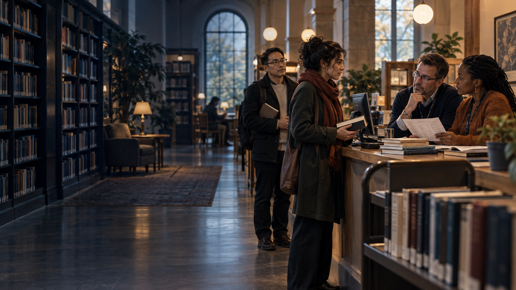 Original AI conceptual illustration: library staff listen to a patron and review a request. Fictional people and venue, not case evidence.