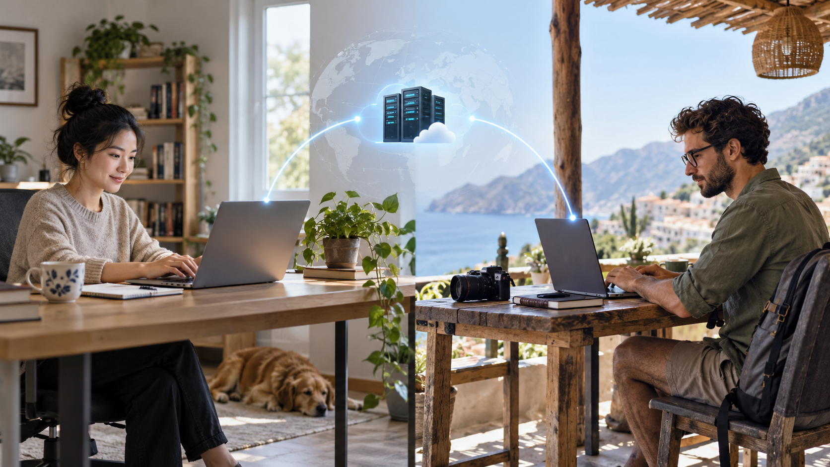Conceptual AI split scene: a worker at home and a worker at a travel location connect laptops to a shared server. Both work remotely.