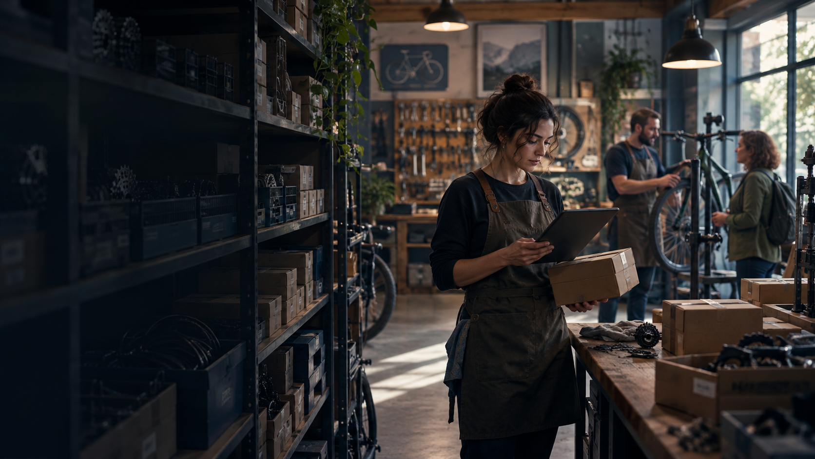 Original AI conceptual workshop: inventory checking and a customer conversation are distinct tasks. Fictional people and workplace; not labour research evidence.
