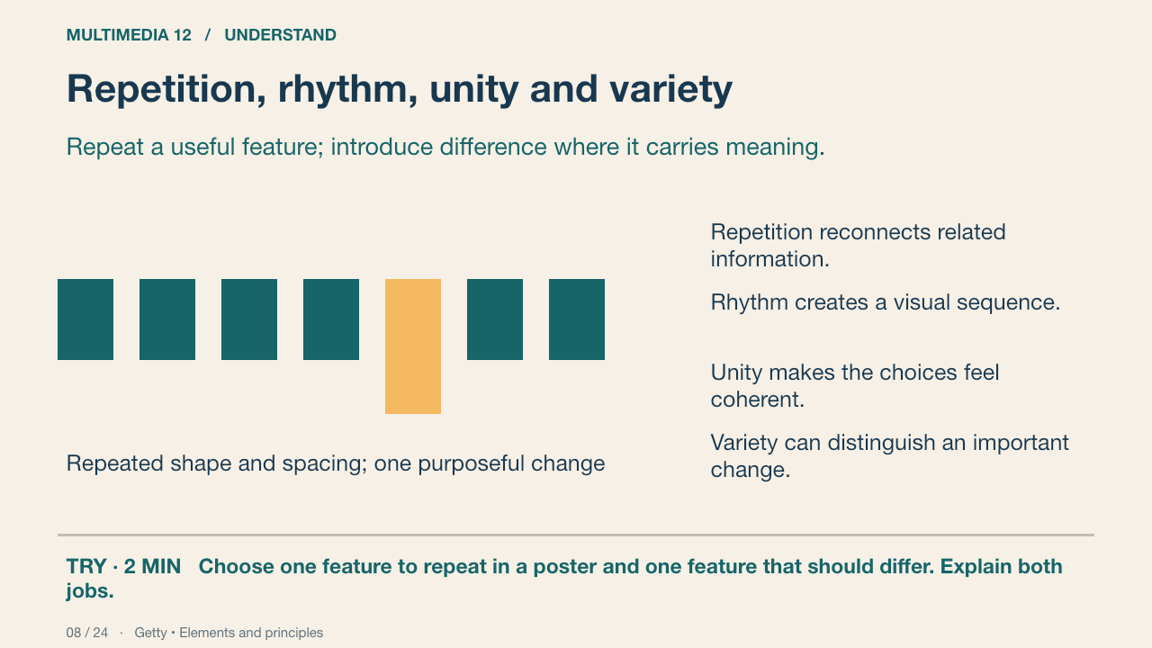 Repetition, rhythm, unity and variety