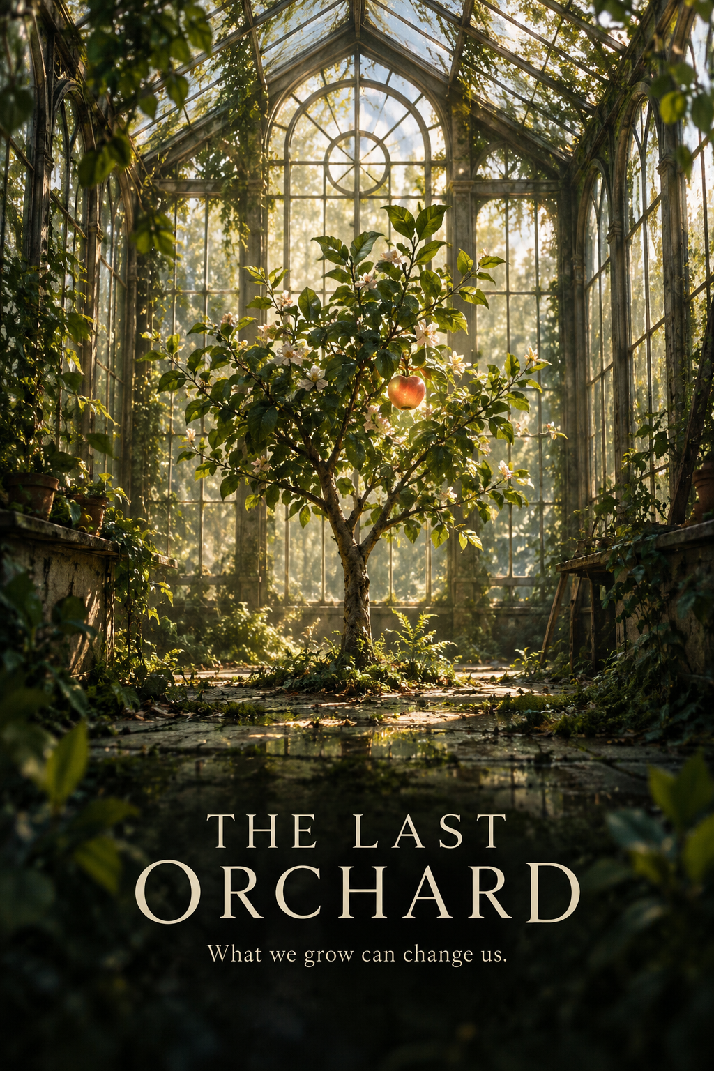 A sunlit apple tree framed by repeated greenhouse ribs, with a luminous apple and cream serif title below.