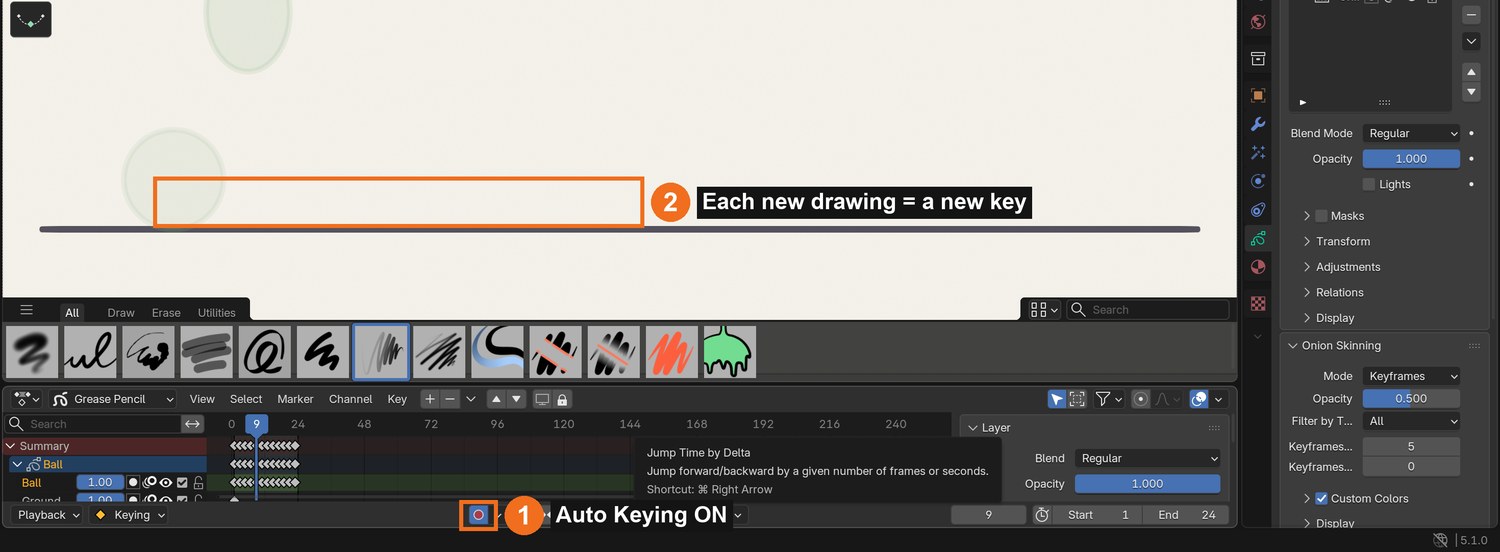 Turn on Auto Keying (1) at the bottom of the screen. Each drawing on a new frame then becomes a new key in the Dope Sheet (2).
