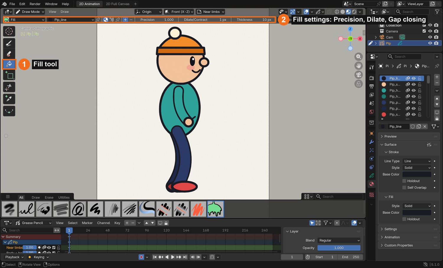 Draw Mode with the Fill tool (1) selected; its settings appear in the header (2). Click inside a closed line to fill it.