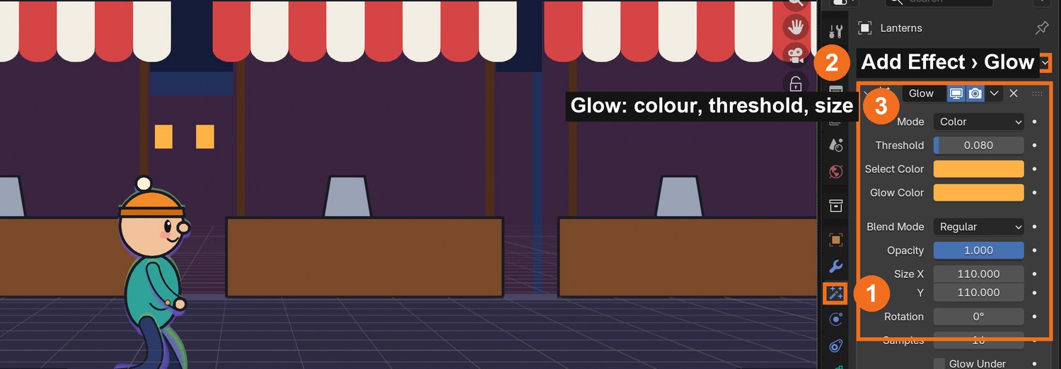 Shader FX tab (1) › Add Effect › Glow (2); its settings (3): Mode Color, Select Color = lantern colour, Glow Color, Size.