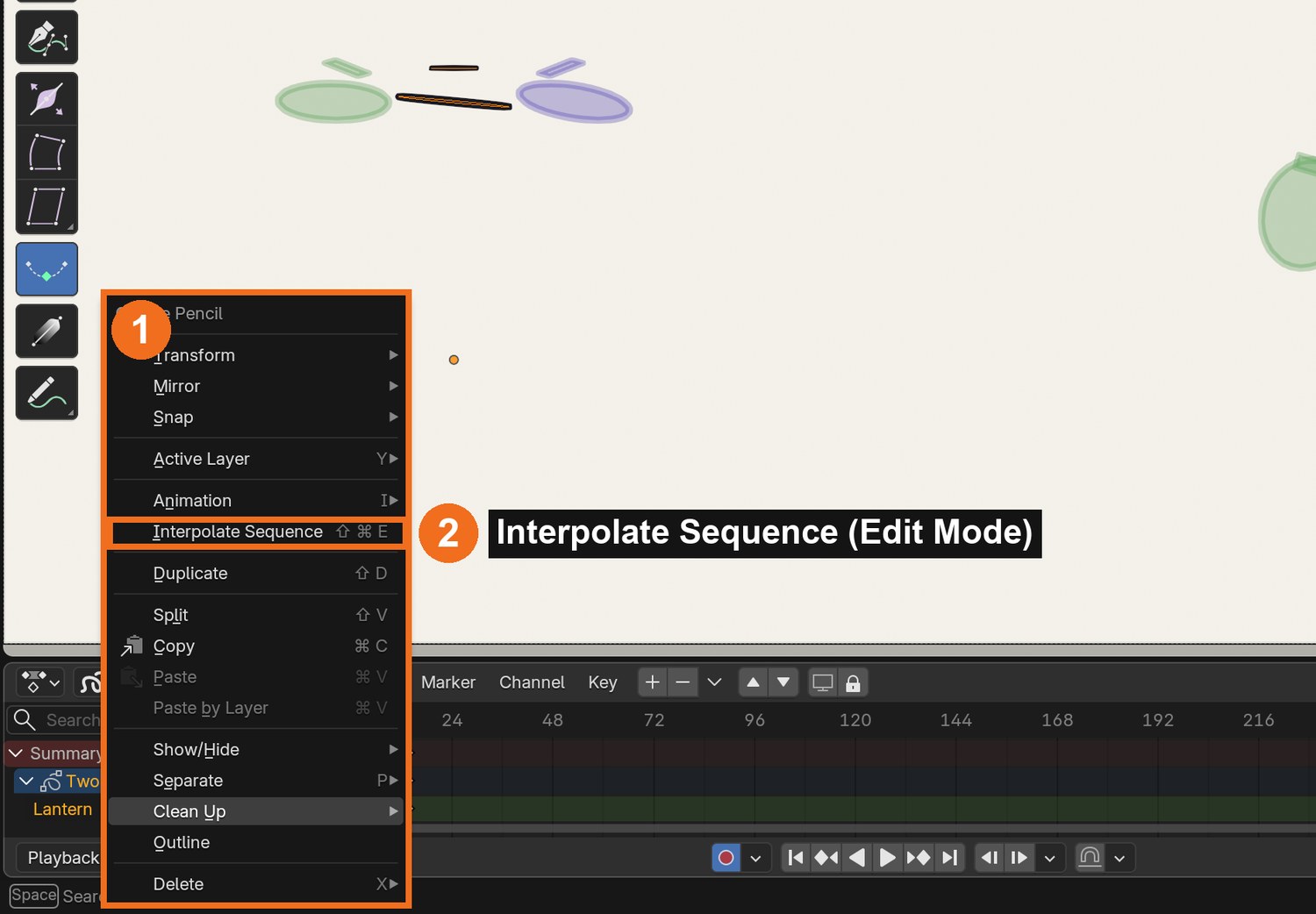 Edit Mode › Grease Pencil menu (1) › Interpolate Sequence (2) fills every frame between two keys.