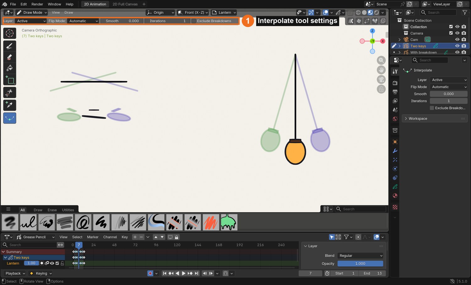 Draw Mode › Interpolate tool: its settings appear in the header (1). Drag in the viewport between two keys.