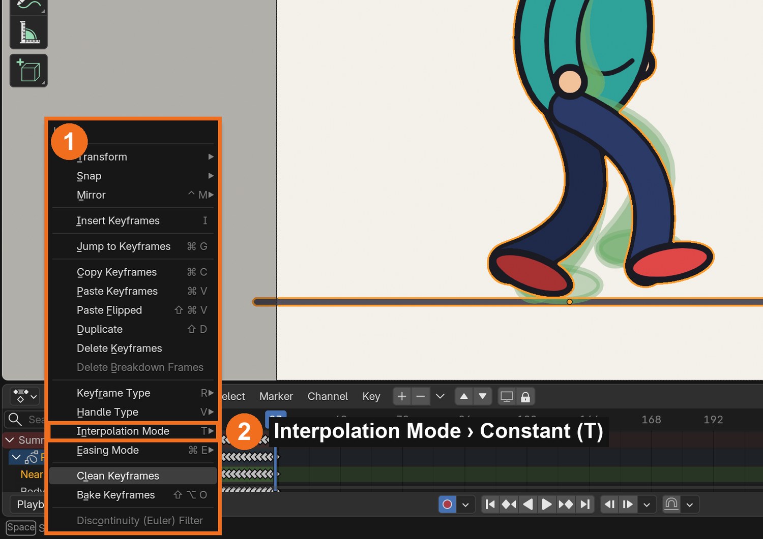 Dope Sheet › Key menu (1) › Interpolation Mode › Constant (2), or select the keys and press T.