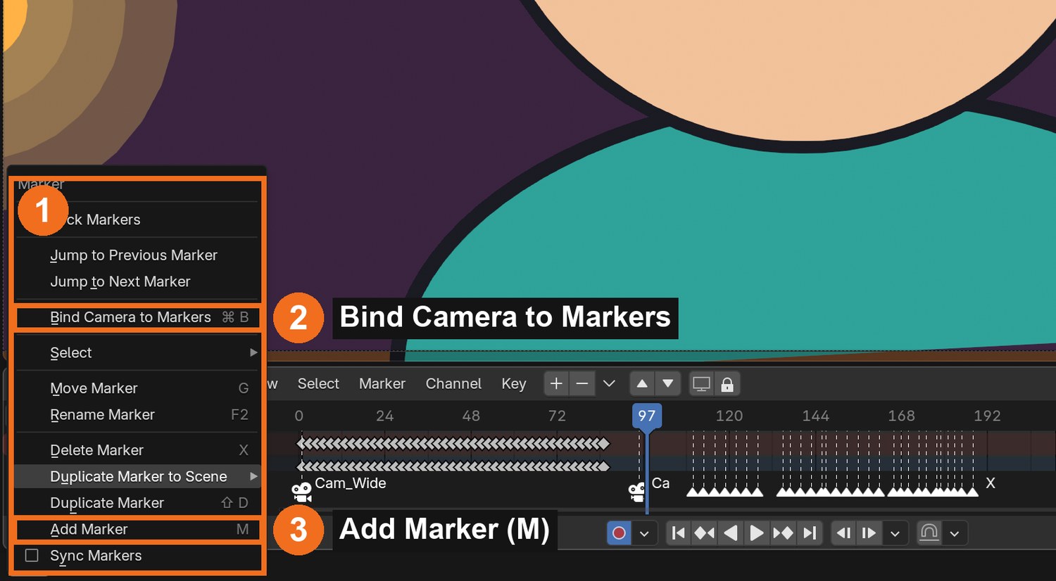 Marker menu (1): Add Marker (3) or press M. You will use Bind Camera to Markers (2) in step 16.
