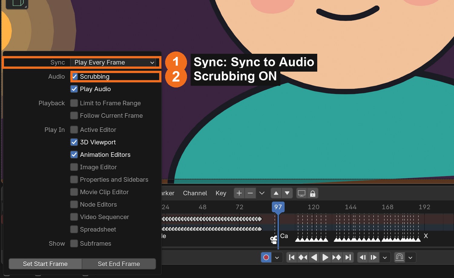 Timeline › Playback popover: set Sync to Sync to Audio (1) and turn on Scrubbing (2).