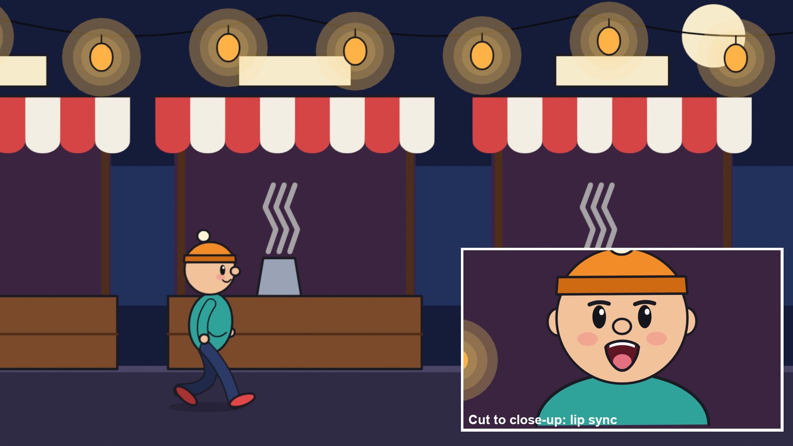 A 2D cartoon character in an orange beanie walking through a night market, with a close-up of him talking, drawn and rendered in Blender Grease Pencil