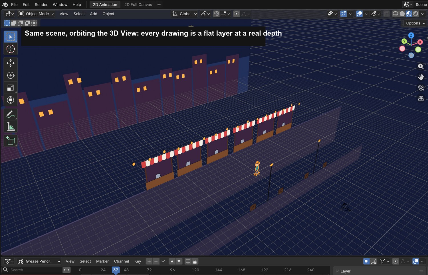 Real screenshot: the night market orbited in the 3D View. Sky, stalls, lanterns, Pip and the crates are flat Grease Pencil layers at different depths.