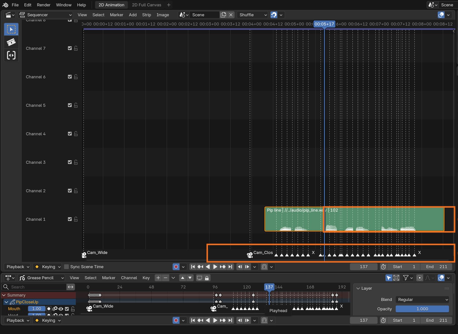 Real screenshot: the recorded line as a sound strip (1) and phoneme markers named with mouth letters (2).