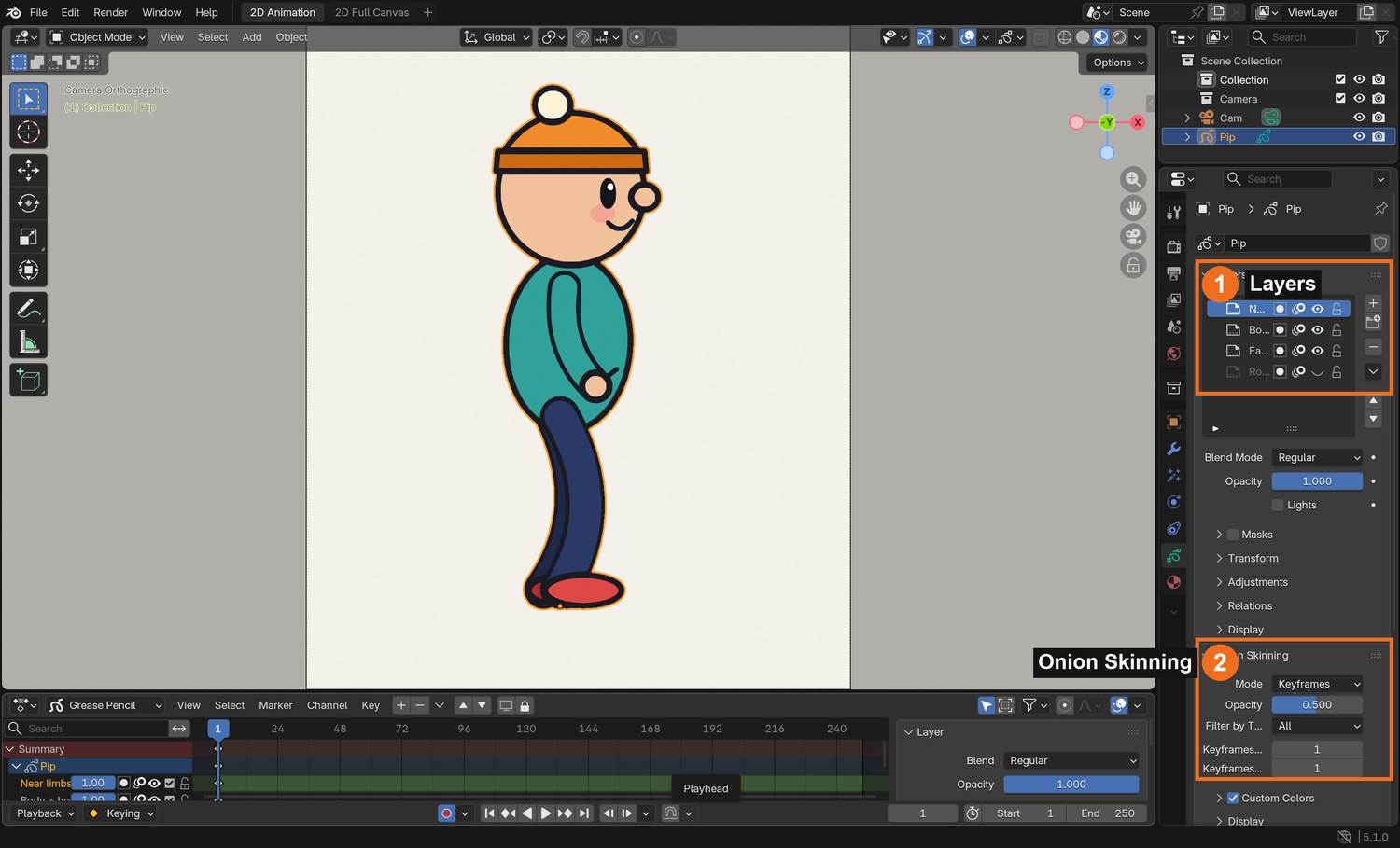 Object Data properties: add layers with + in the Layers list (1); Onion Skinning settings are further down (2). Toggle onion skin on with Overlays › Onion Skin in the viewport header.