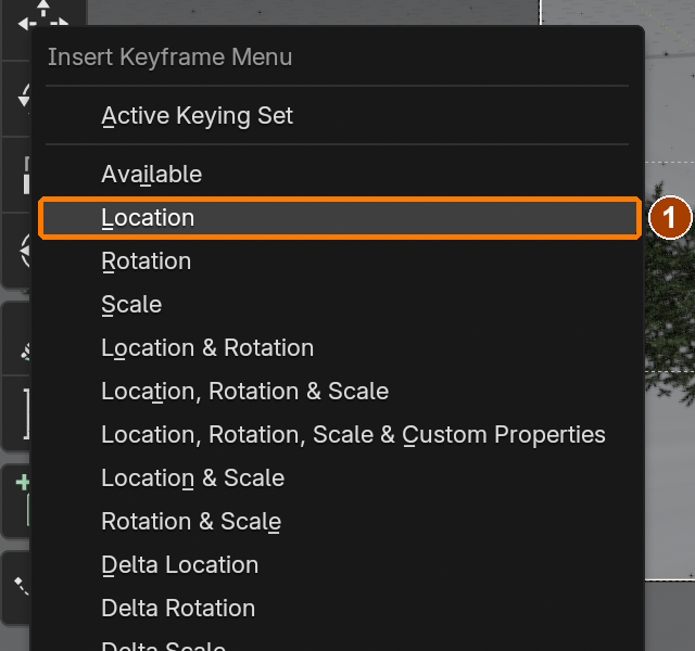 Press K without Shift, then choose Location in Insert Keyframe Menu. Frame 1 uses (-12,-22,11.4); rotation remains unkeyed.