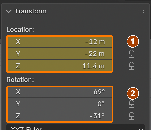Demonstrated camera start Location and Rotation; Location shown keyed after Step 14