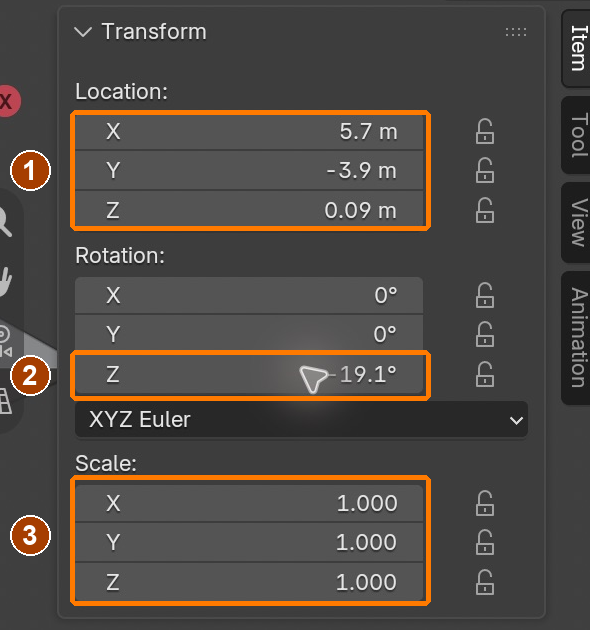 Car root location, Z rotation and Scale 1.