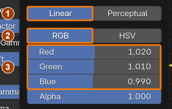 Gain colour picker: Linear, RGB; Red 1.02, Green 1.01, Blue .99. Click outside to commit.