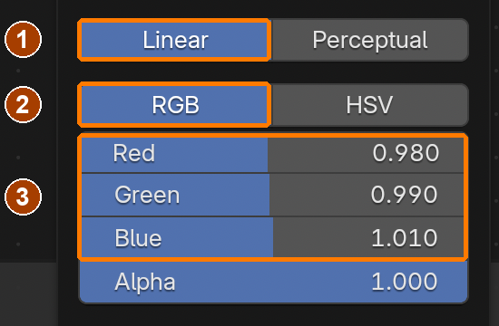 Lift colour picker: Linear, RGB; Red .98, Green .99, Blue 1.01. Click outside to commit.