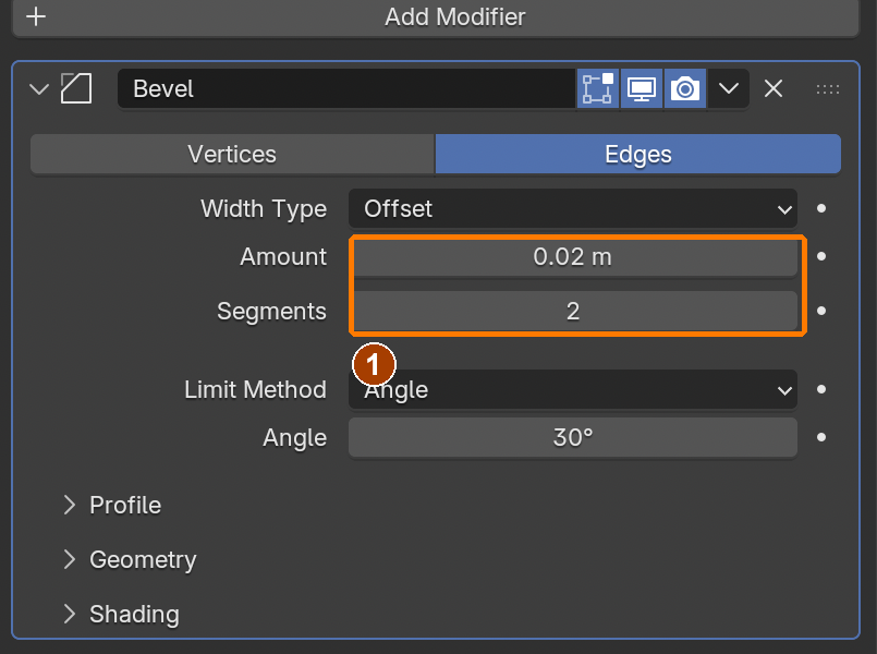 Bevel: Amount 0.02 and Segments 2