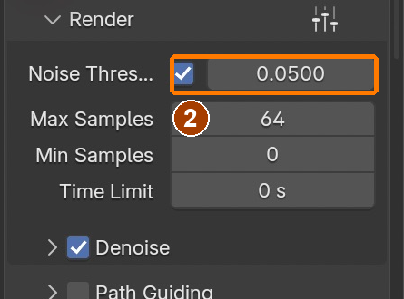 Sampling > Render > Noise Threshold 0.0500, enabled