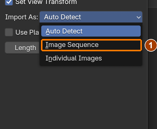 Import As: choose Image Sequence, then use the separate placement-settings screenshot to turn Move Strips off and set Start Frame1.