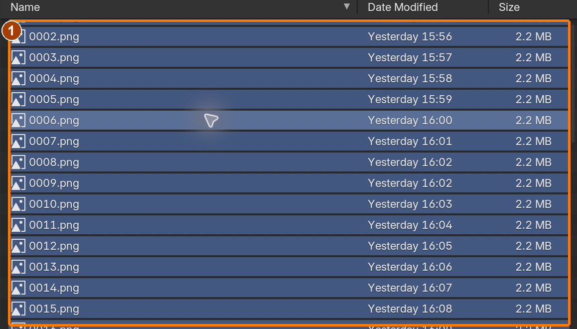 With the pointer over the file list, A selects the numbered PNGs; confirm all 96 files, from 0001.png to 0096.png.