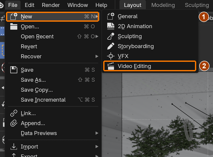 After saving the 3D scene, File > New > Video Editing creates the separate editing workspace.