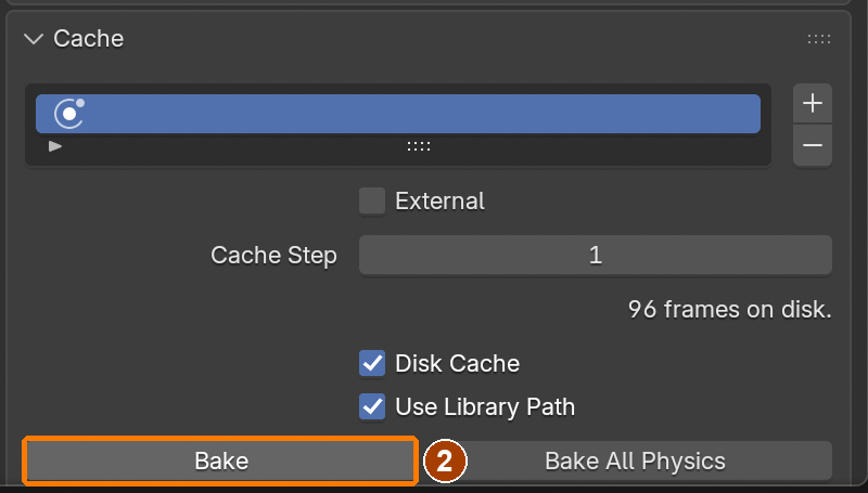 Click Bake. The completed cache must show 96 frames on disk; save before reopening.