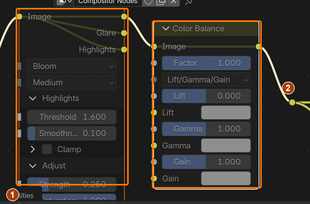 Only Glare and Color Balance are muted; each bypass wire is visible. Render the same frame again.
