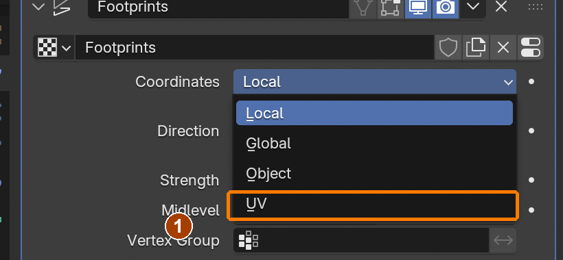 Choose UV in the Displace Coordinates menu; Local repeats the footprints incorrectly.