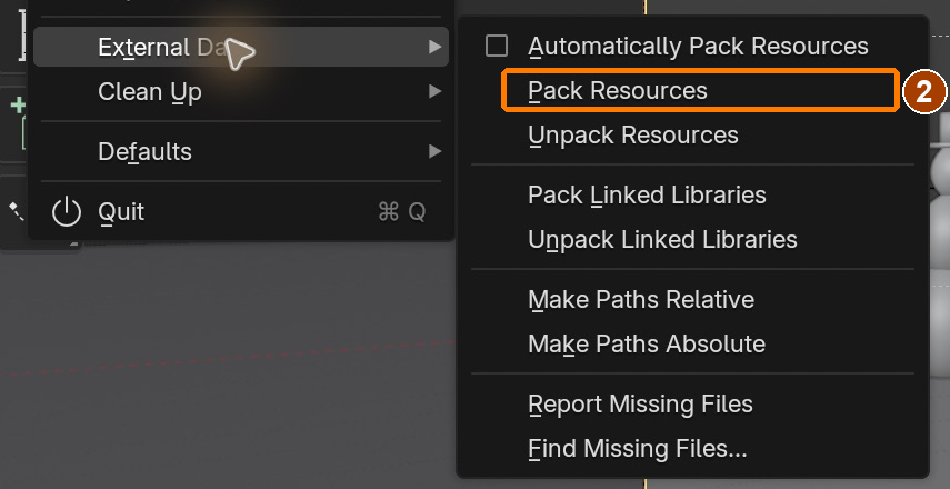 File > External Data > Pack Resources packages image textures. The demonstrated menu is from the same master; simulation caches must still be handed in separately.