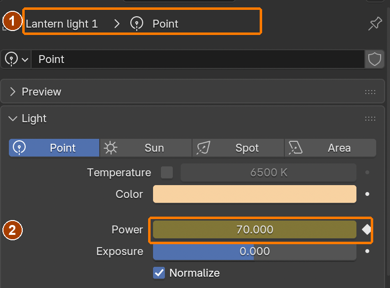 Lantern light 1: at frame 30, hover Power and press I to key 70 W. Check the light name before editing.