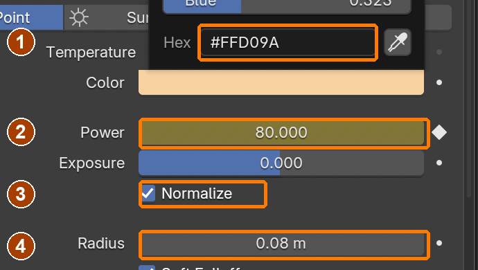 Lantern point: #FFD09A, 80 W, Normalize on, radius 0.08 m.